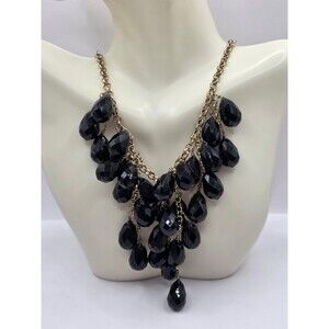 Black Chunky Plastic Bead Statement Goldtone Necklace 18"